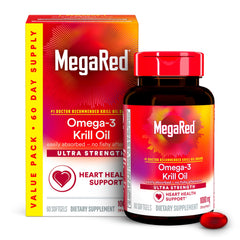 MegaRed Ultra Strength krill oil softgels bottle highlights heart health and easy daily dosing.