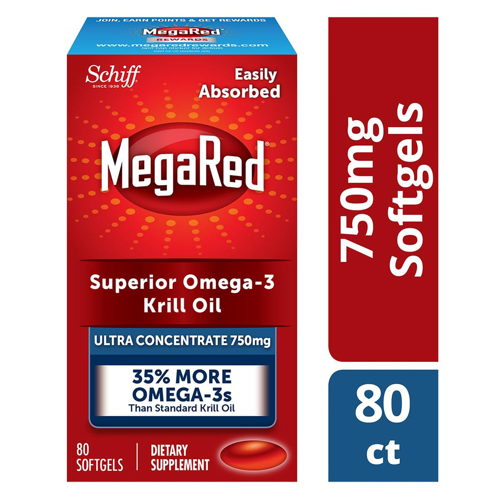 MegaRed Antarctic krill oil capsules arranged for easy absorption via phospholipid delivery
