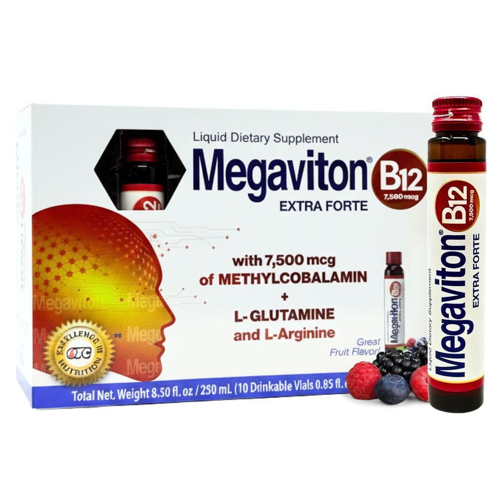 Packaging and label of Megaviton B12 Extra Forte on shelf