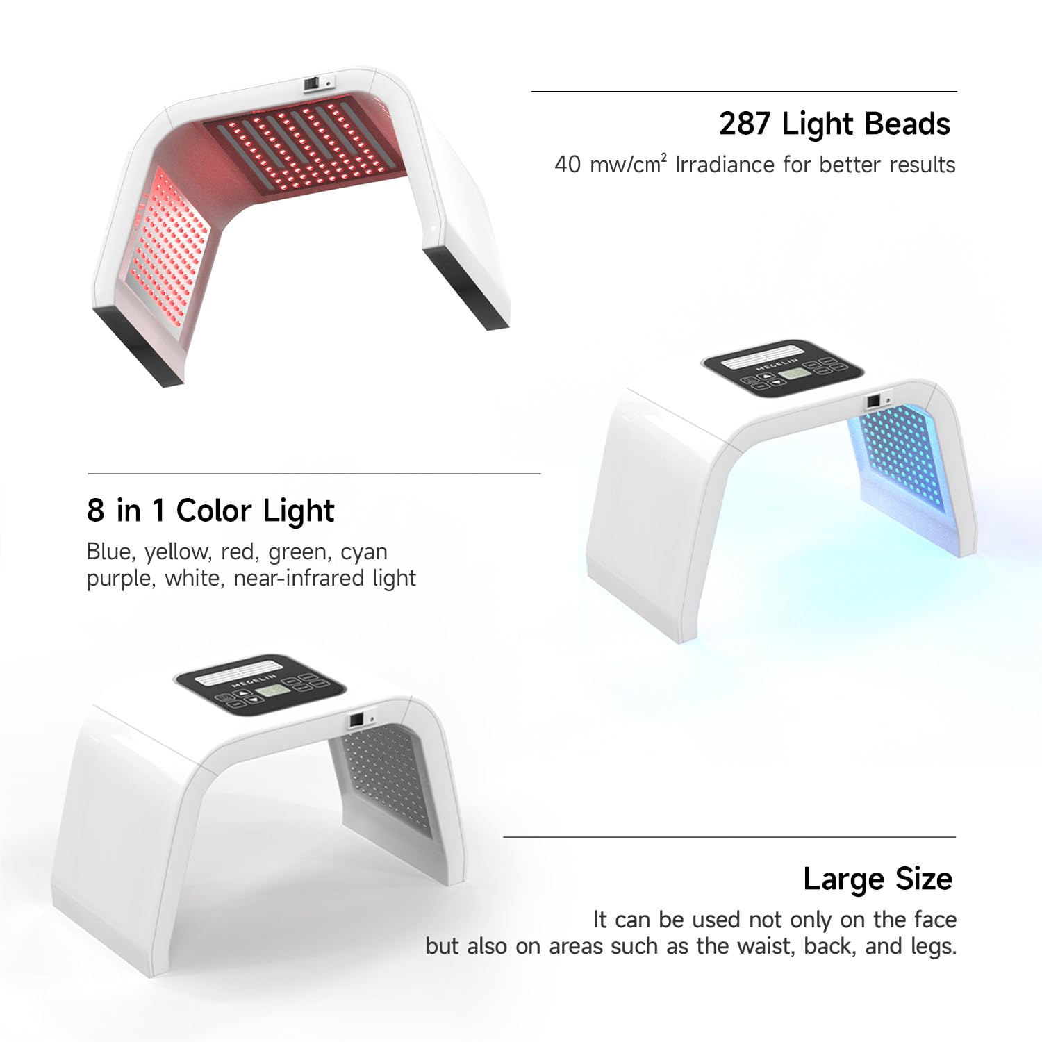 Megelin 8 in 1 LED therapy device side view showing compact design for easy at-home use