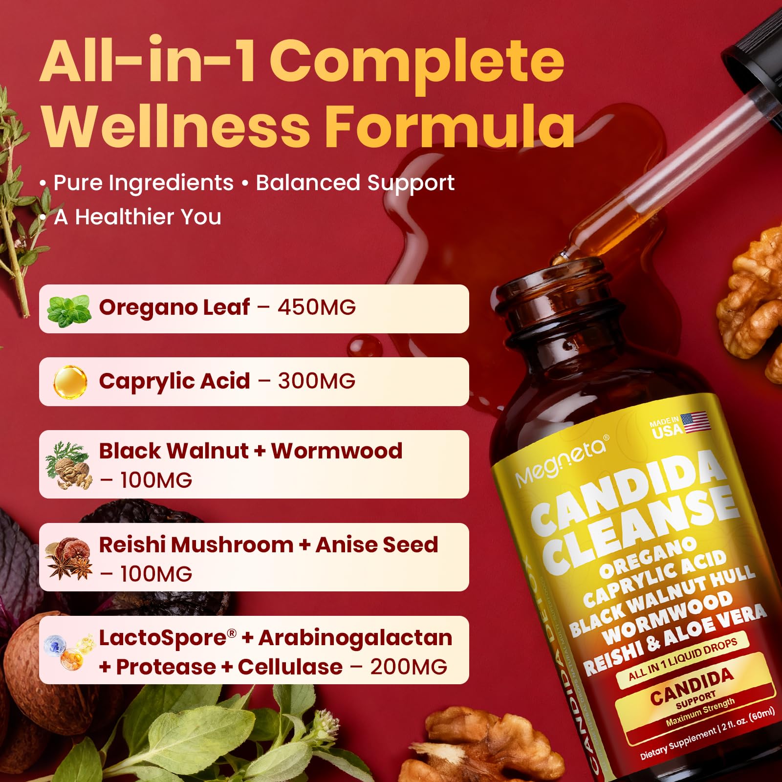 MEGNETA Candida Cleanse bottle pour demonstrates simple daily dosing.