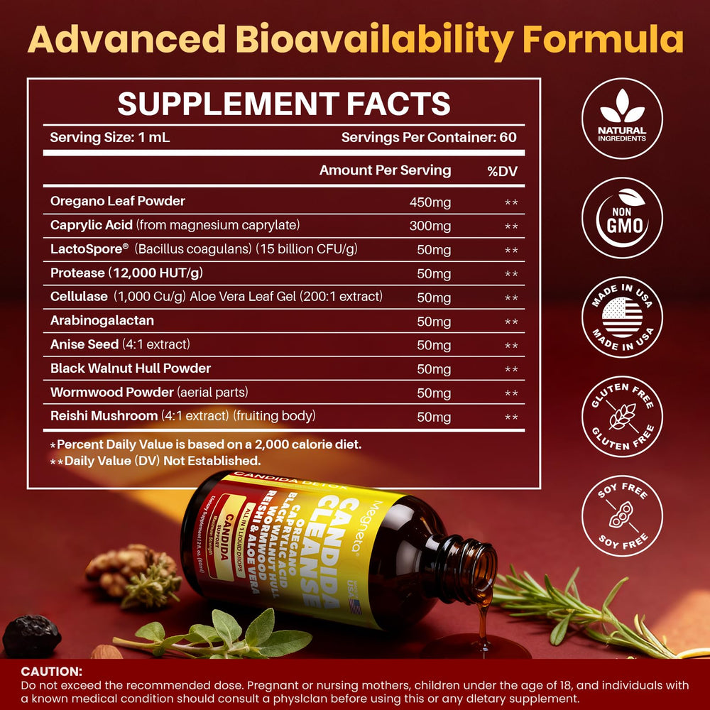 MEGNETA Candida Cleanse oregano leaf for gut flora balance.