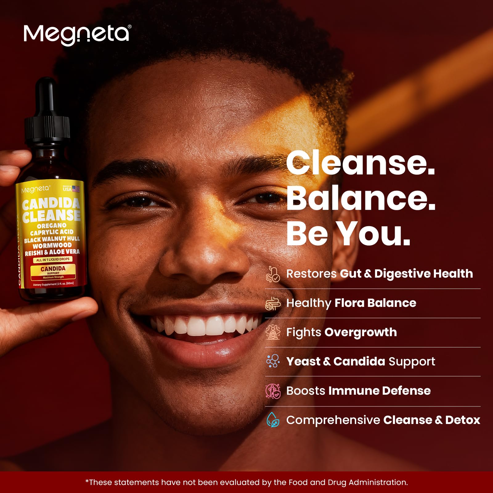 MEGNETA Candida Cleanse wormwood herb visuals aiding digestive comfort.