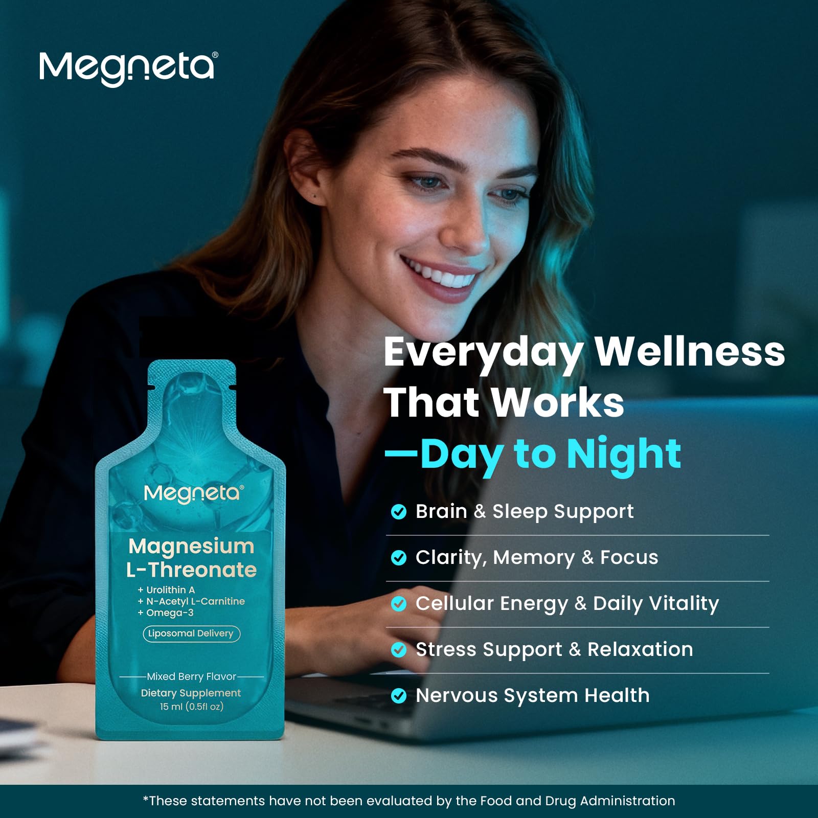 MEGNETA ingredient label shows clean-nutrition ingredients supporting daytime performance.