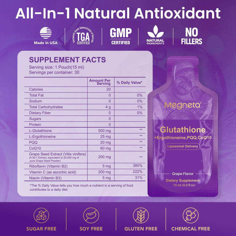 MEGNETA Liposomal Glutathione grape flavor label suggests pleasant taste.
