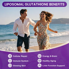 MEGNETA Liposomal Glutathione ingredients infographic explains vitamin C and CoQ10 roles.
