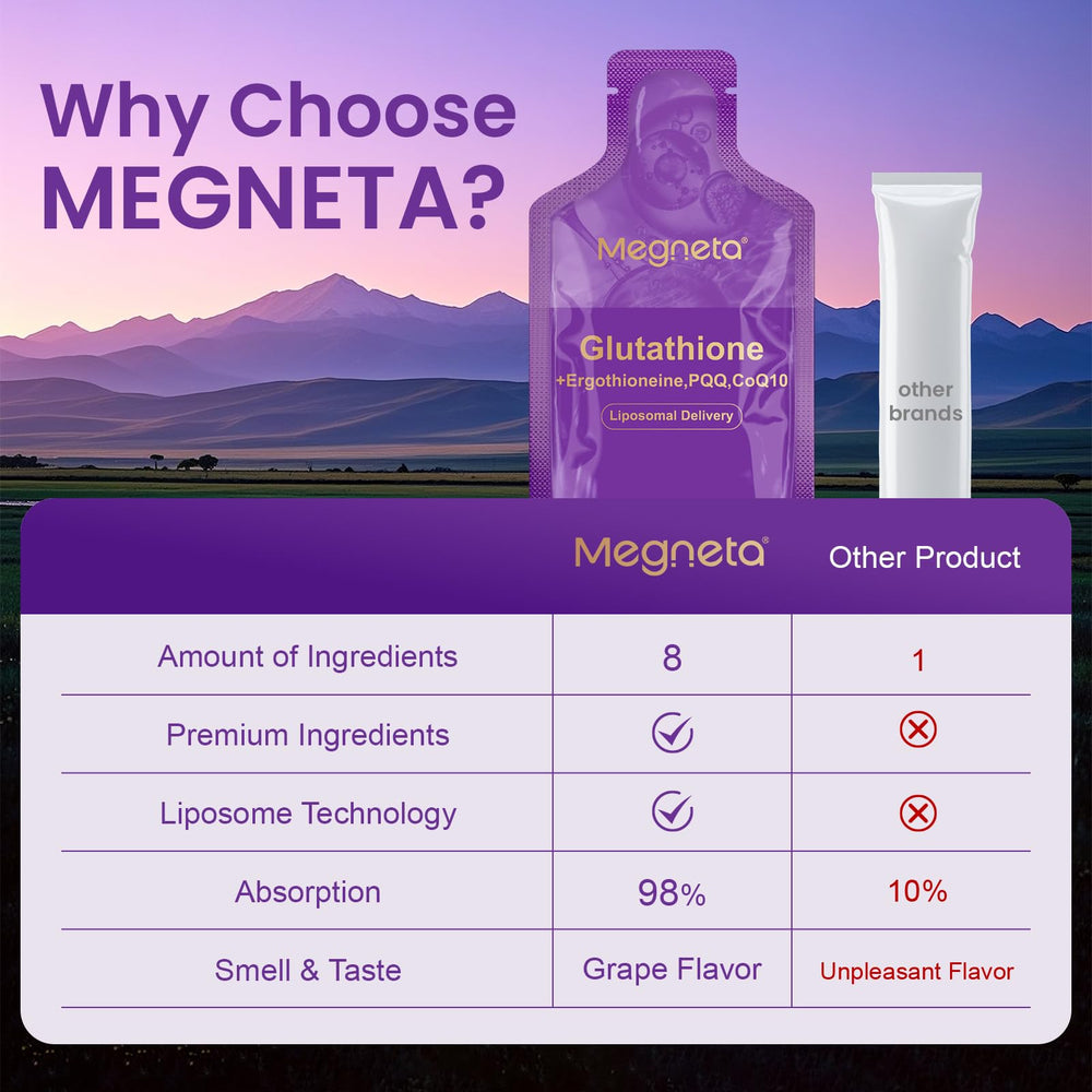 MEGNETA Liposomal Glutathione on-the-go use with bottle and pouch showcased.