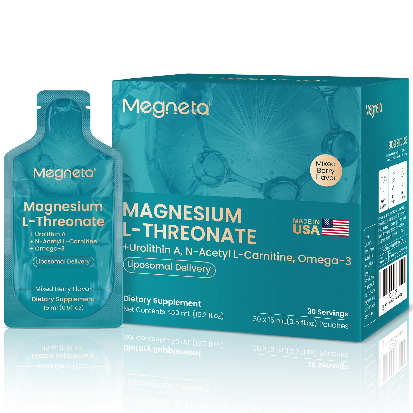 MEGNETA magnesium L-threonate liquid bottle highlighting high-absorption formula for daily focus.