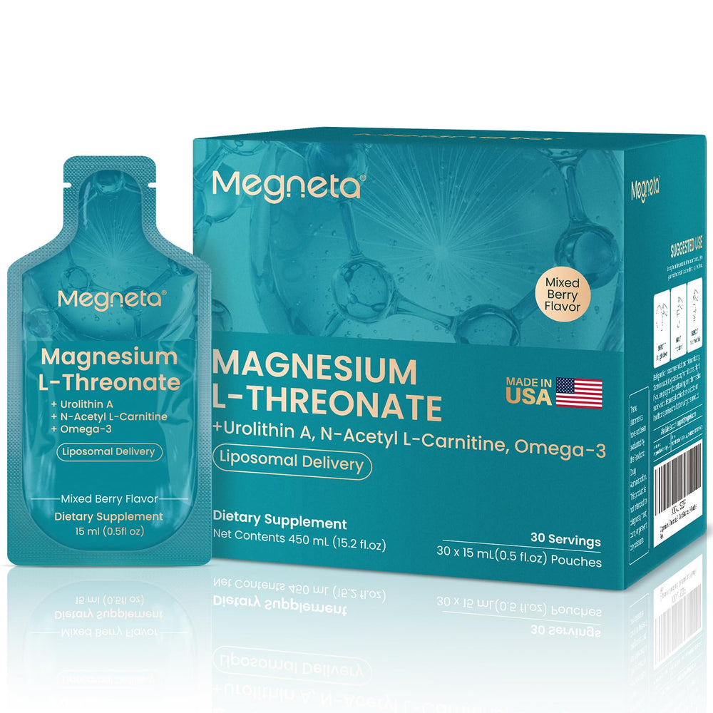 MEGNETA magnesium L-threonate liquid bottle highlighting high-absorption formula for daily focus.