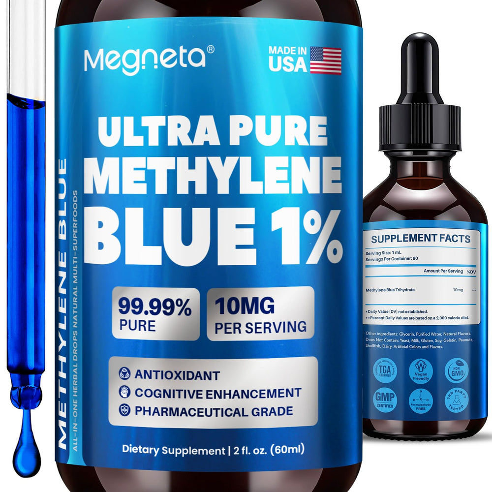 MEGNETA Methylene Blue Drops 1% bottle front showing USP formula for precise dosing.