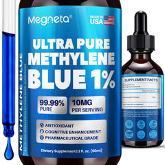 MEGNETA Methylene Blue Drops 1% bottle front showing USP formula for precise dosing.