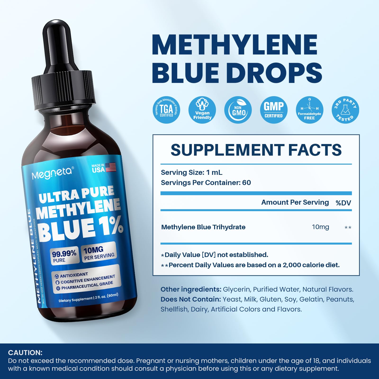 MEGNETA Methylene Blue Drops bottle label highlights purity and third-party testing.