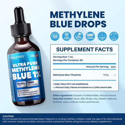 MEGNETA Methylene Blue Drops bottle label highlights purity and third-party testing.