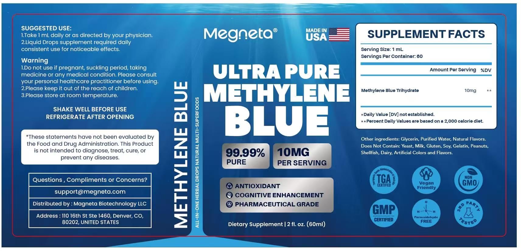 MEGNETA Methylene Blue Drops clear solution ready for routine use.