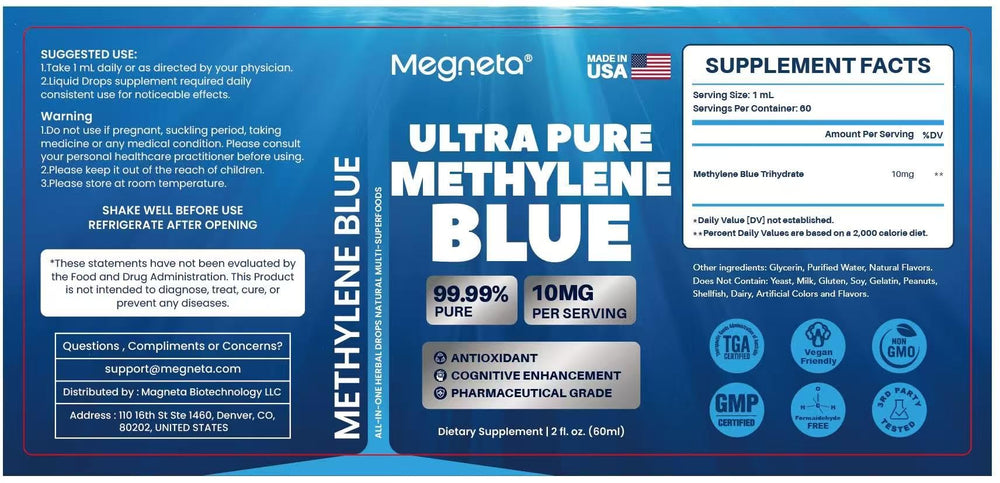 MEGNETA Methylene Blue Drops clear solution ready for routine use.