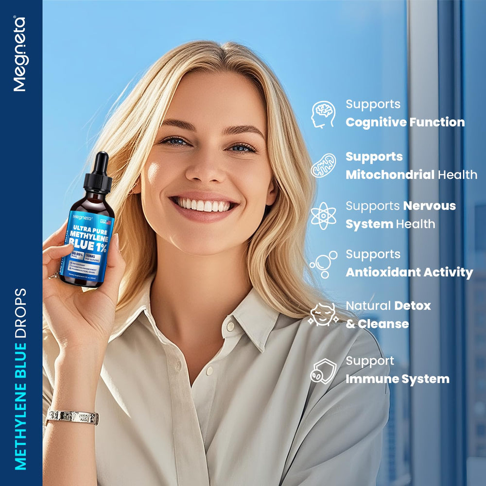 MEGNETA Methylene Blue Drops lab-test certificate indicating purity and potency.