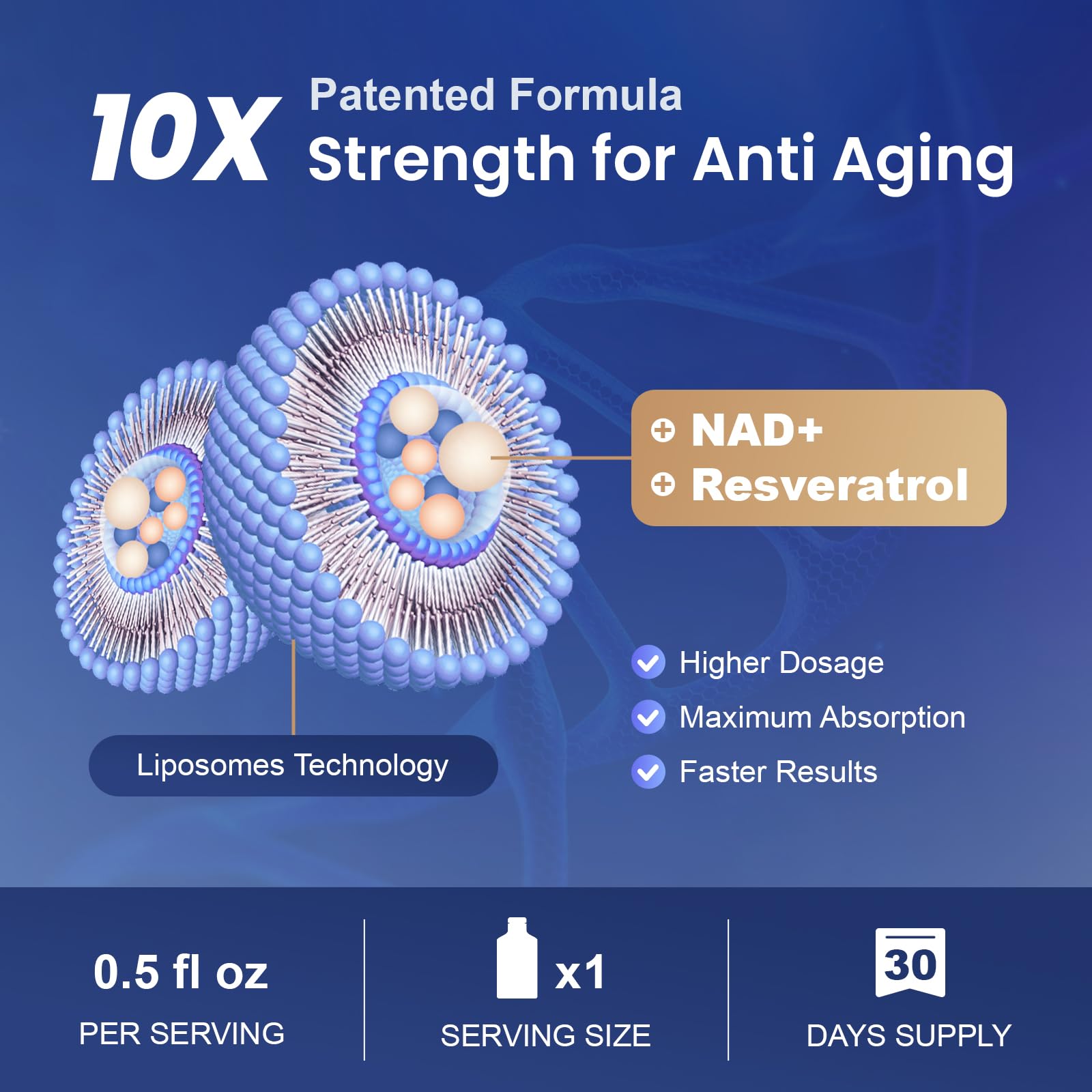MEGNETA NAD liposomal liquid pour illustrating quick absorption and convenience