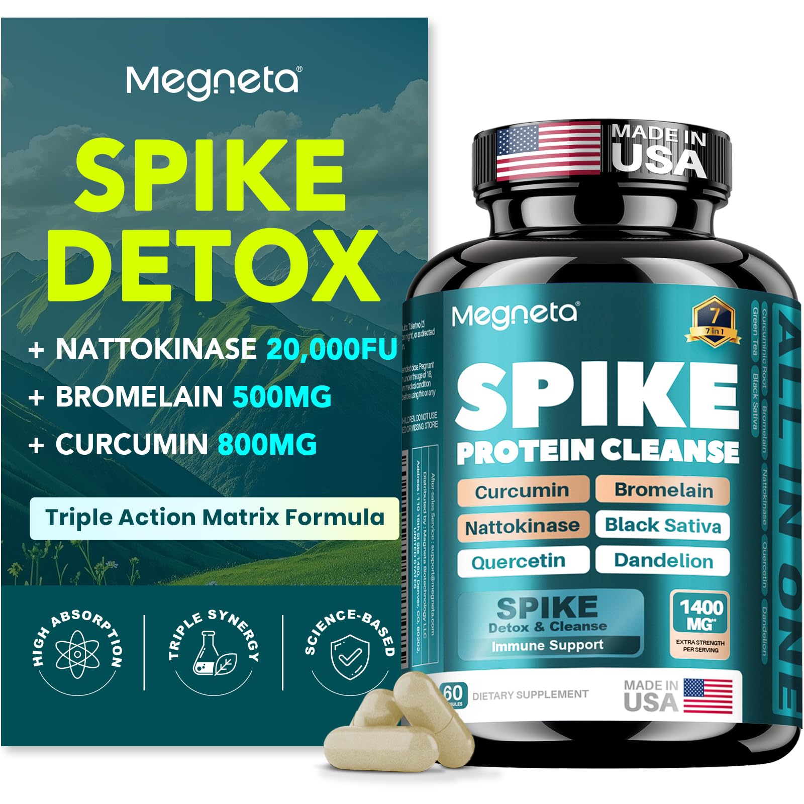 MEGNETA Spike Support bottle front displays a compact, high-activity natto enzyme formula.