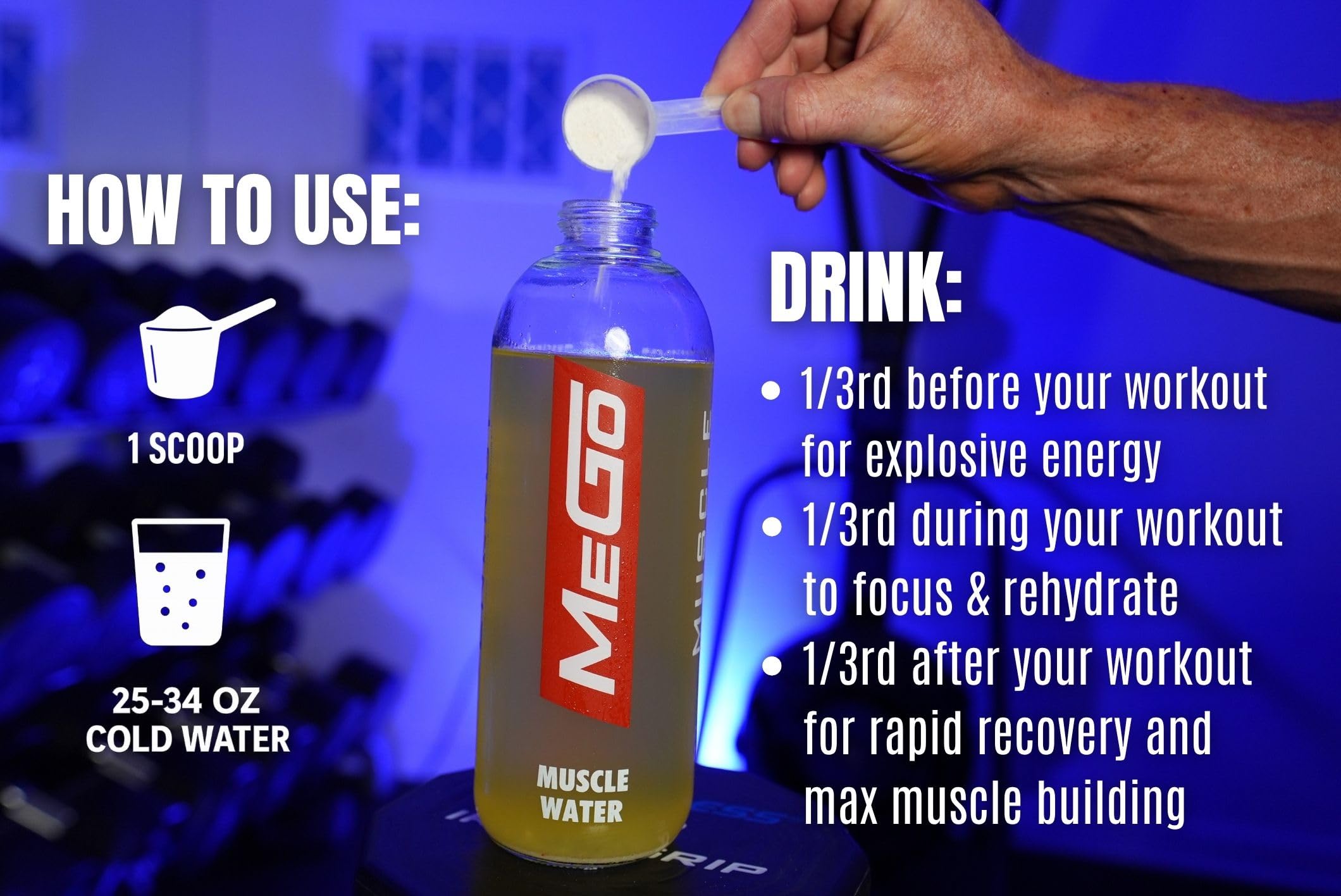 MEGO Muscle Water pouring into a glass highlights quick mix and refreshing green apple flavor