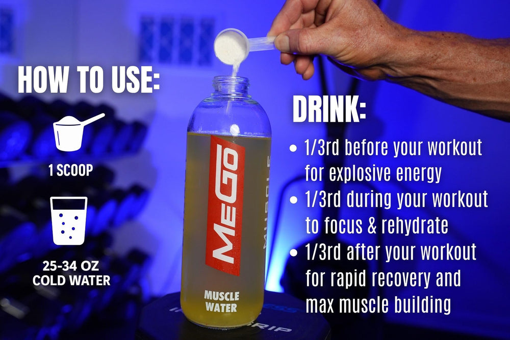 MEGO Muscle Water pouring into a glass highlights quick mix and refreshing green apple flavor