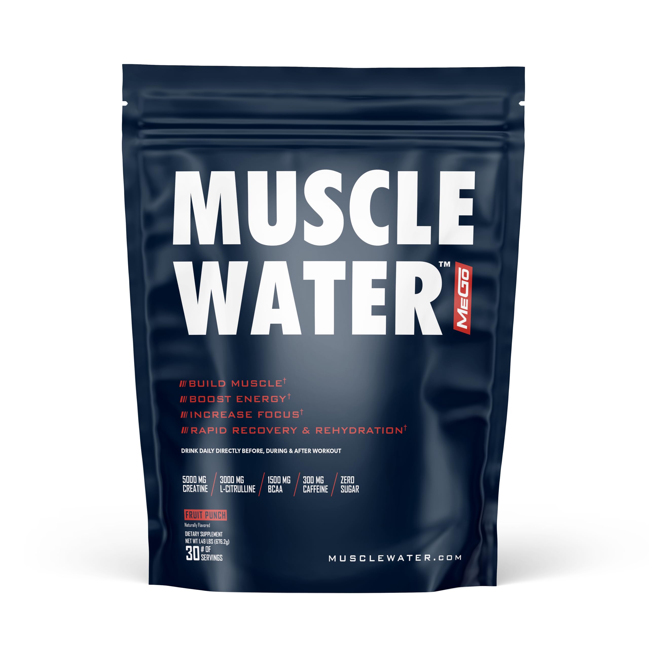 MEGO Muscle Water pre-workout powder pours into a glass for a clean energy boost.
