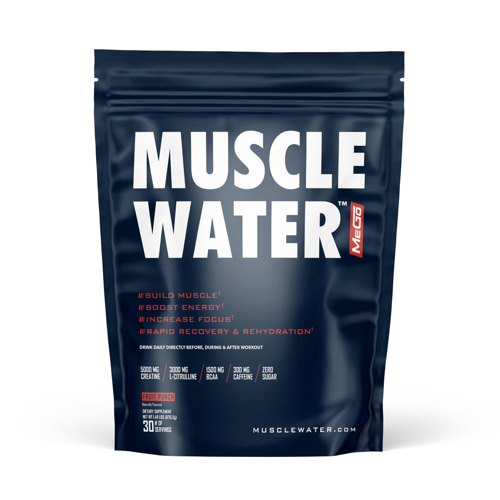 MEGO Muscle Water pre-workout powder pours into a glass for a clean energy boost.