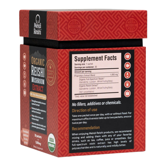 Mehdi Reishi bottle with label showcases 35 percent beta-glucan for robust support