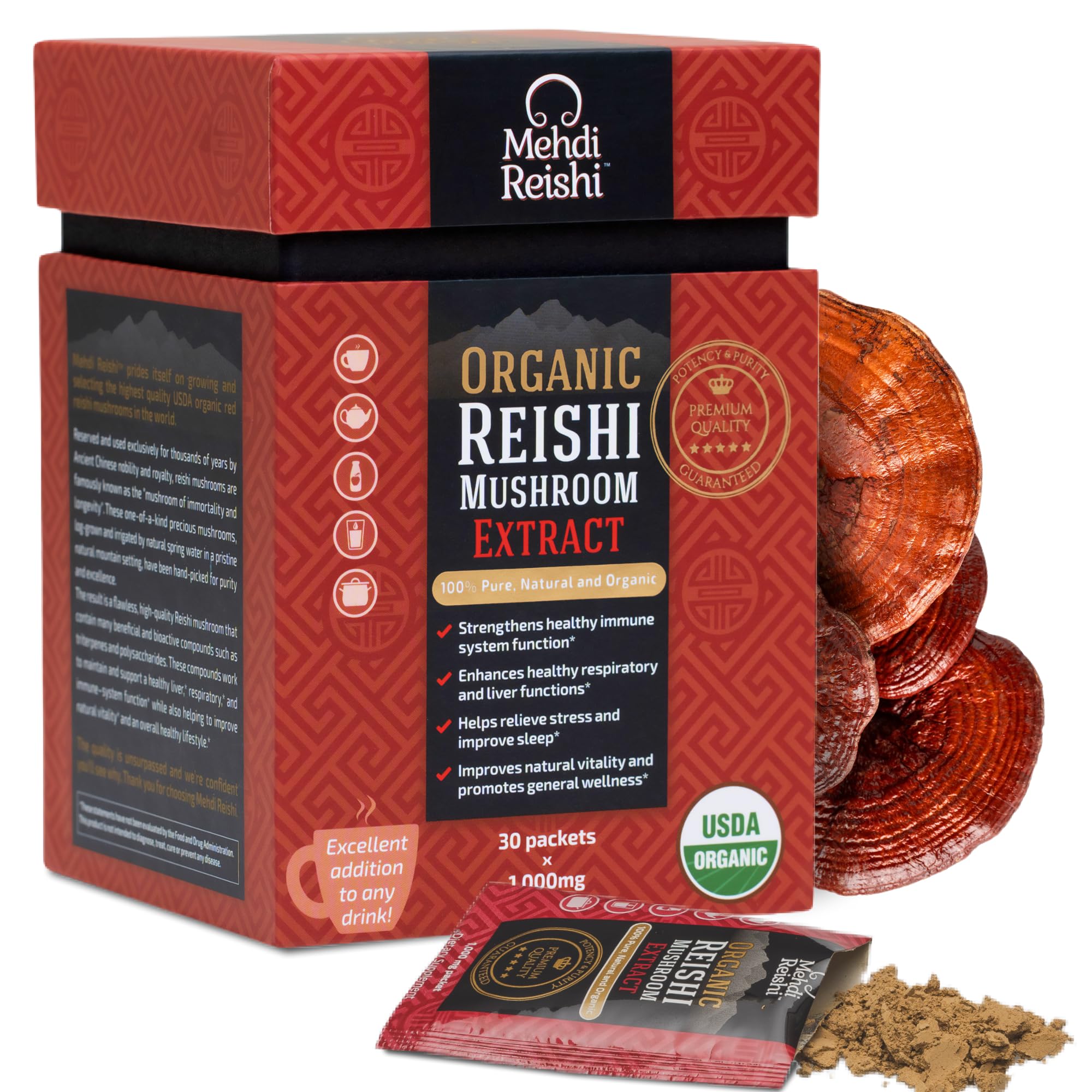 Mehdi Reishi organic powder bottle highlights purity for daily wellness routines