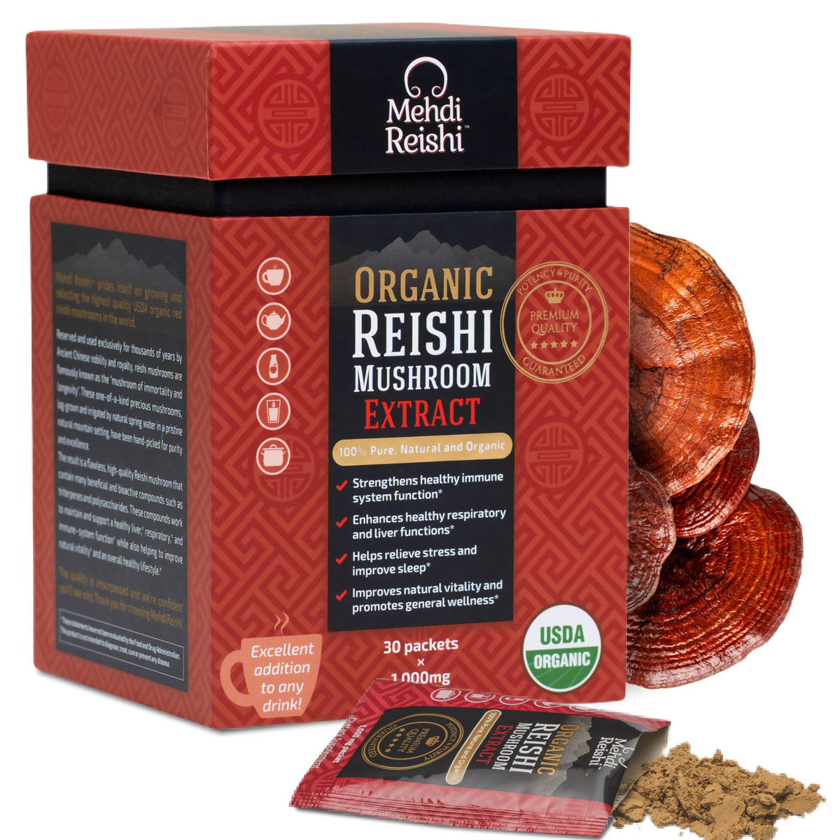 Mehdi Reishi organic powder bottle highlights purity for daily wellness routines