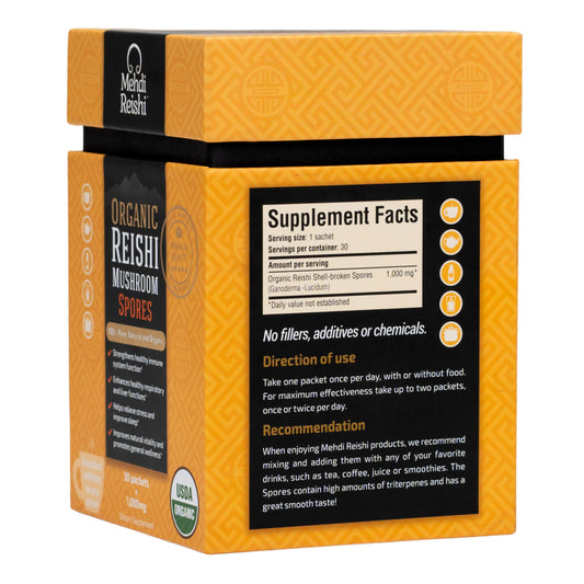 Mehdi Reishi spore powder close-up texture highlights fine grind for easy mixing.