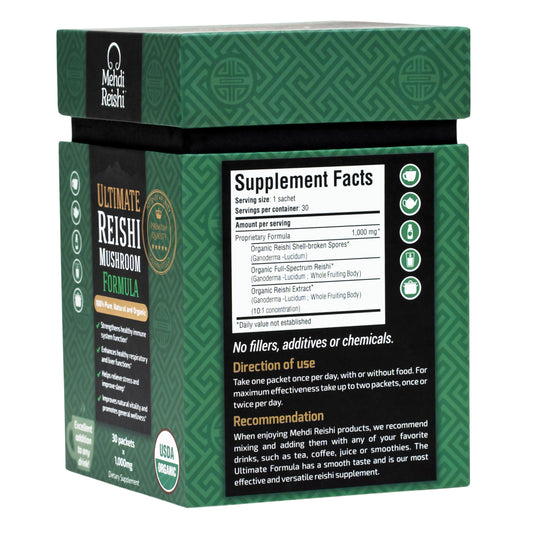 Mehdi Reishi spore powder being poured highlights rich bioactive spores.