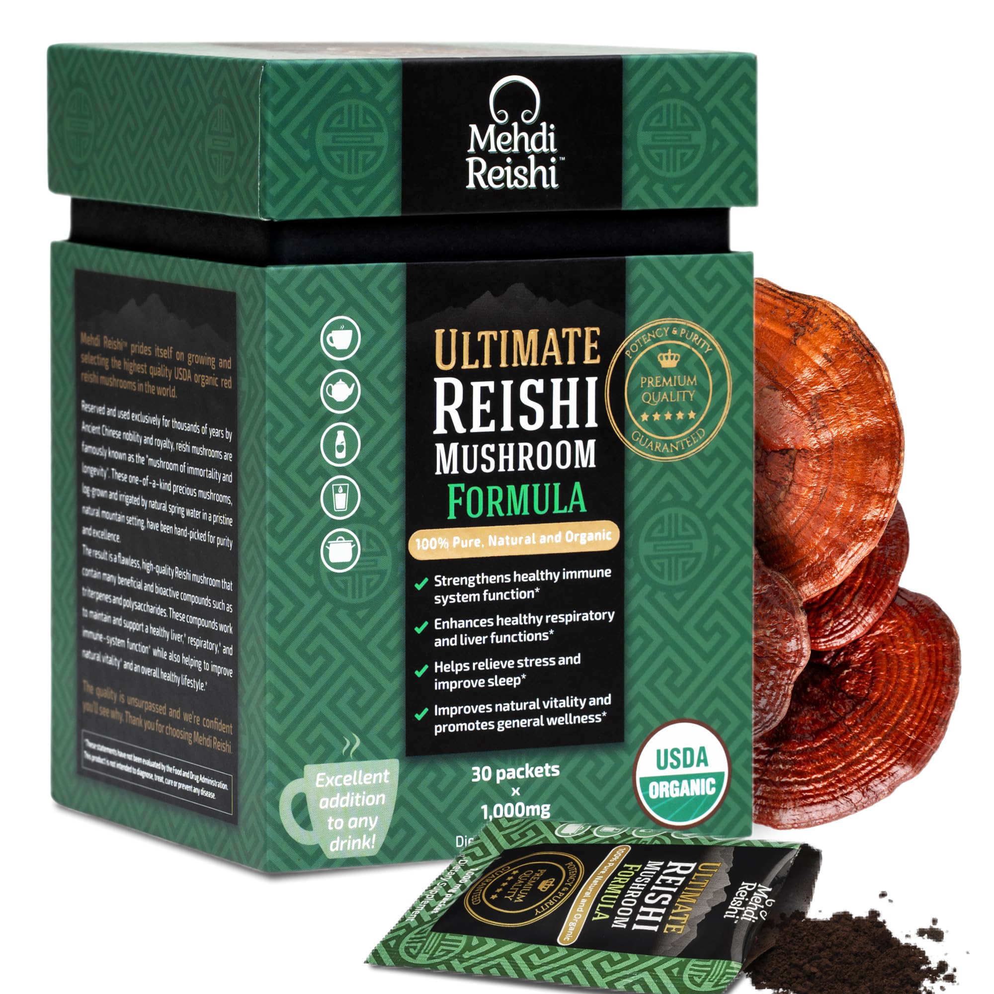 Mehdi Reishi Ultimate Formula bottle showcases premium reishi blend for daily wellness.