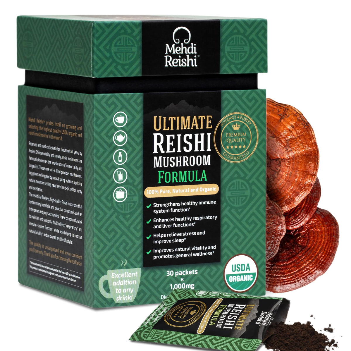 Mehdi Reishi Ultimate Formula bottle showcases premium reishi blend for daily wellness.