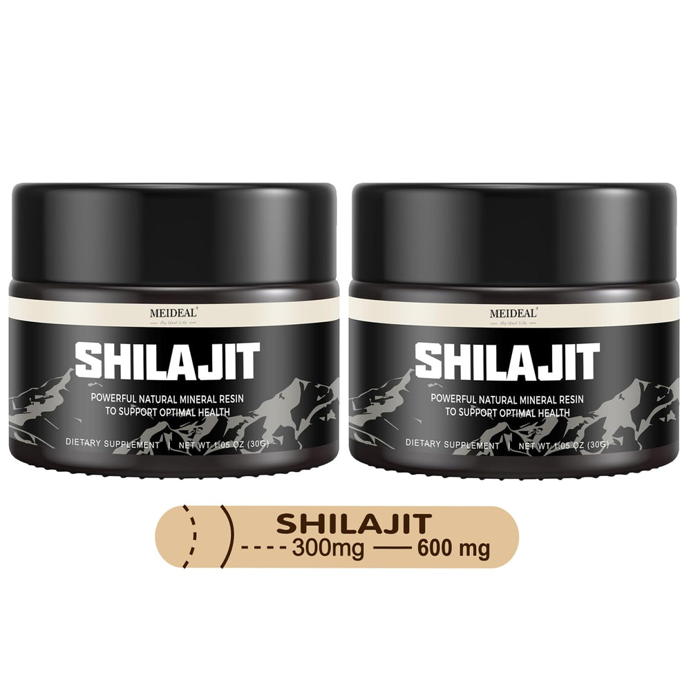 Meideal Shilajit resin bottle front shows pure Himalayan resin for energy support.