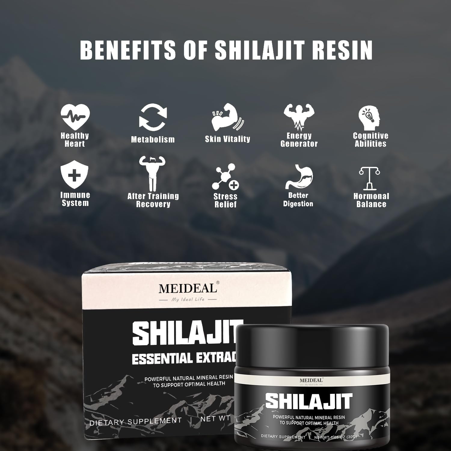 Meideal Shilajit resin closeup gold reveals the rich mineral texture for vitality.