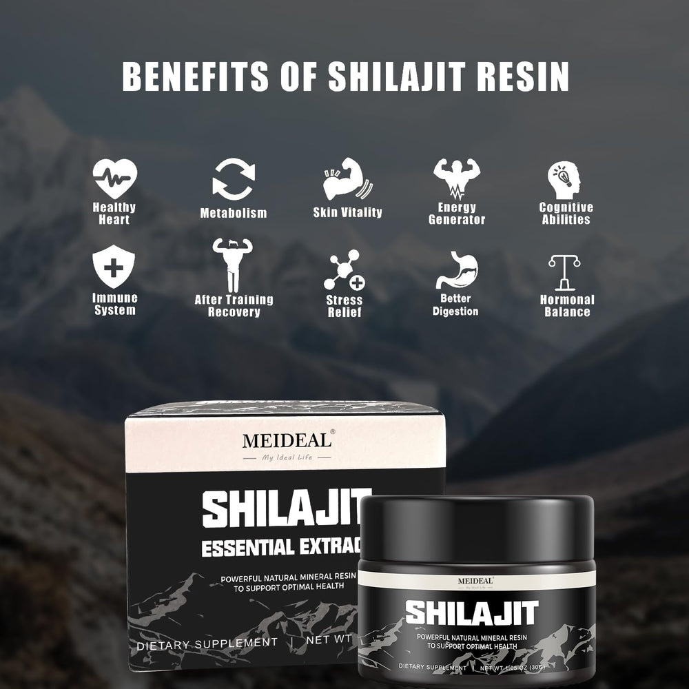 Meideal Shilajit resin closeup gold reveals the rich mineral texture for vitality.