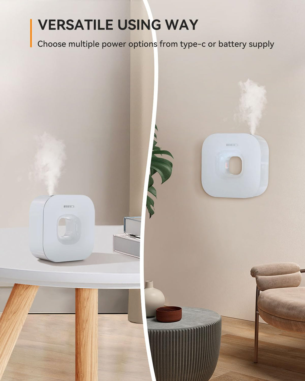 Meidi waterless diffuser coverage shows 3000sqft reach for spacious rooms and shared spaces.