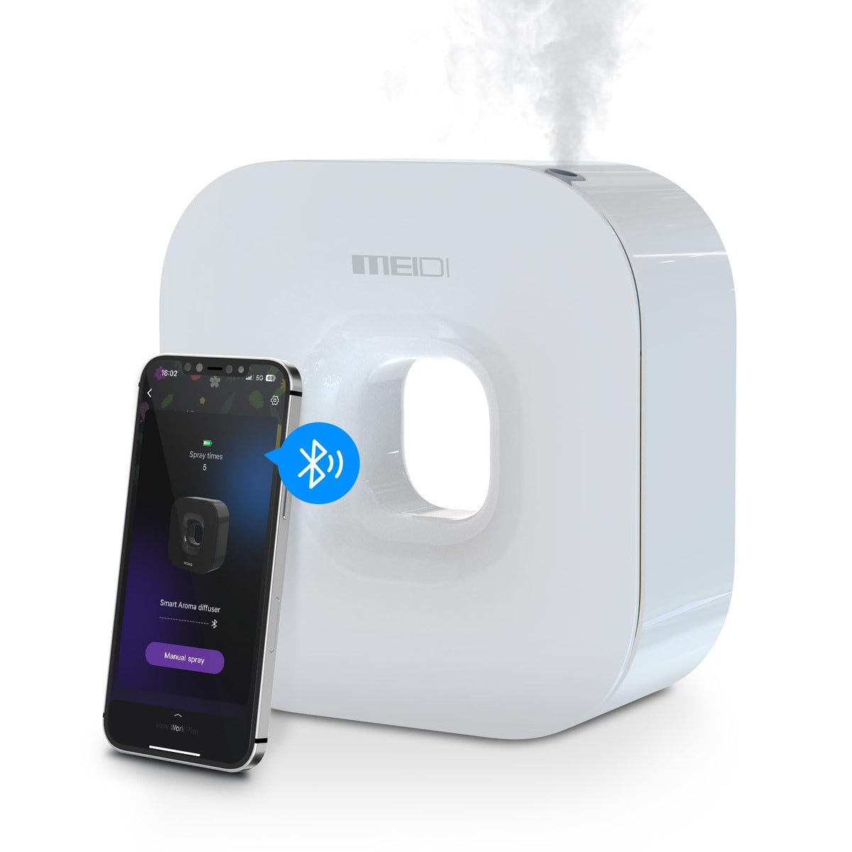 Meidi waterless diffuser front view showing sleek design for easy placement and even scent distribution.