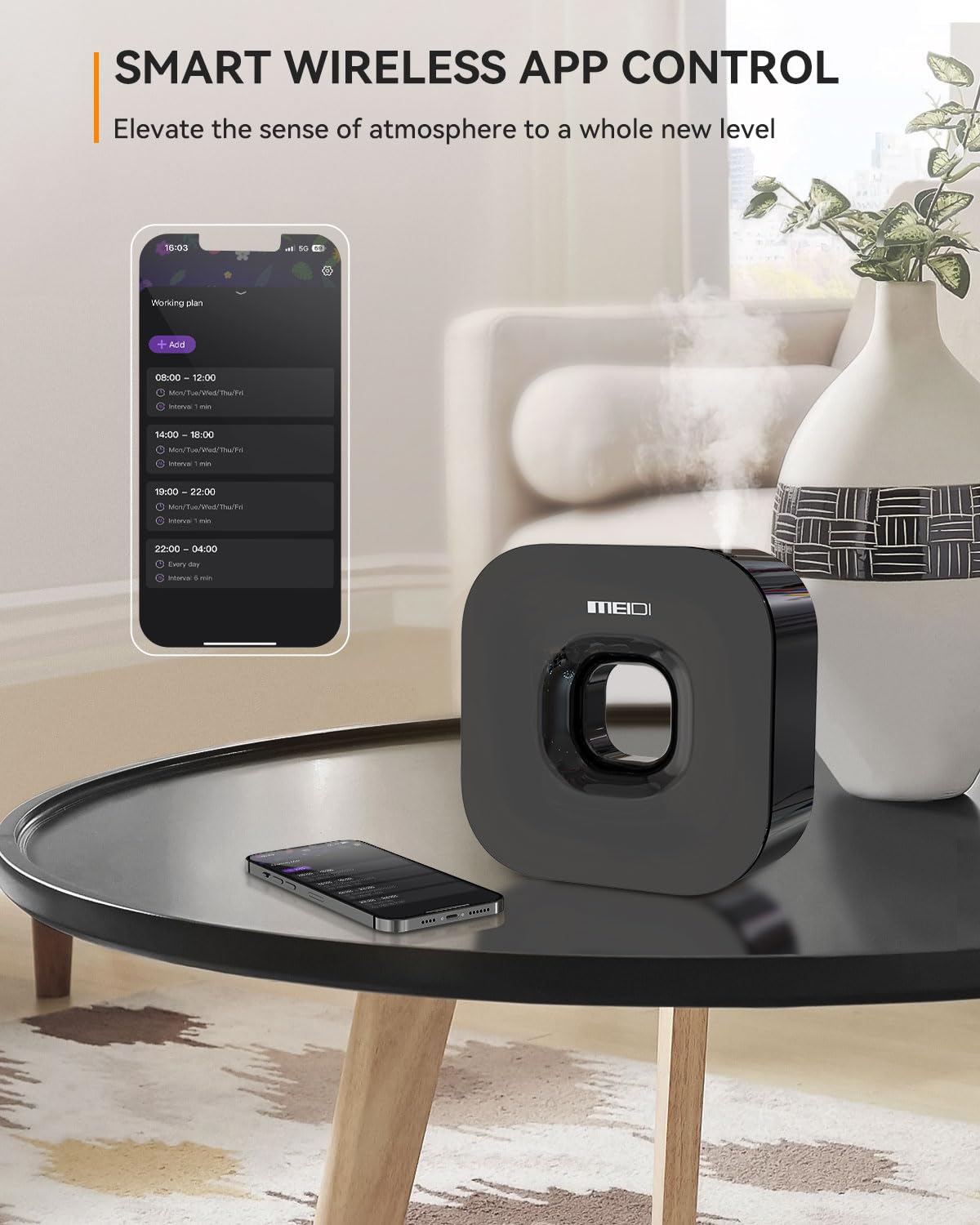 MEIDI hang-design diffuser ready for wall or desk placement, space-saving