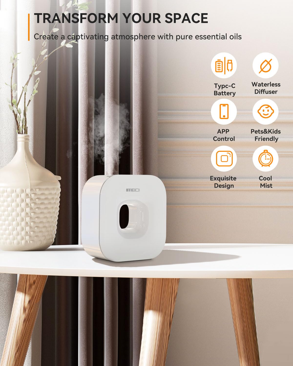 Meidi waterless diffuser portable dual-power design enables cordless use anywhere.