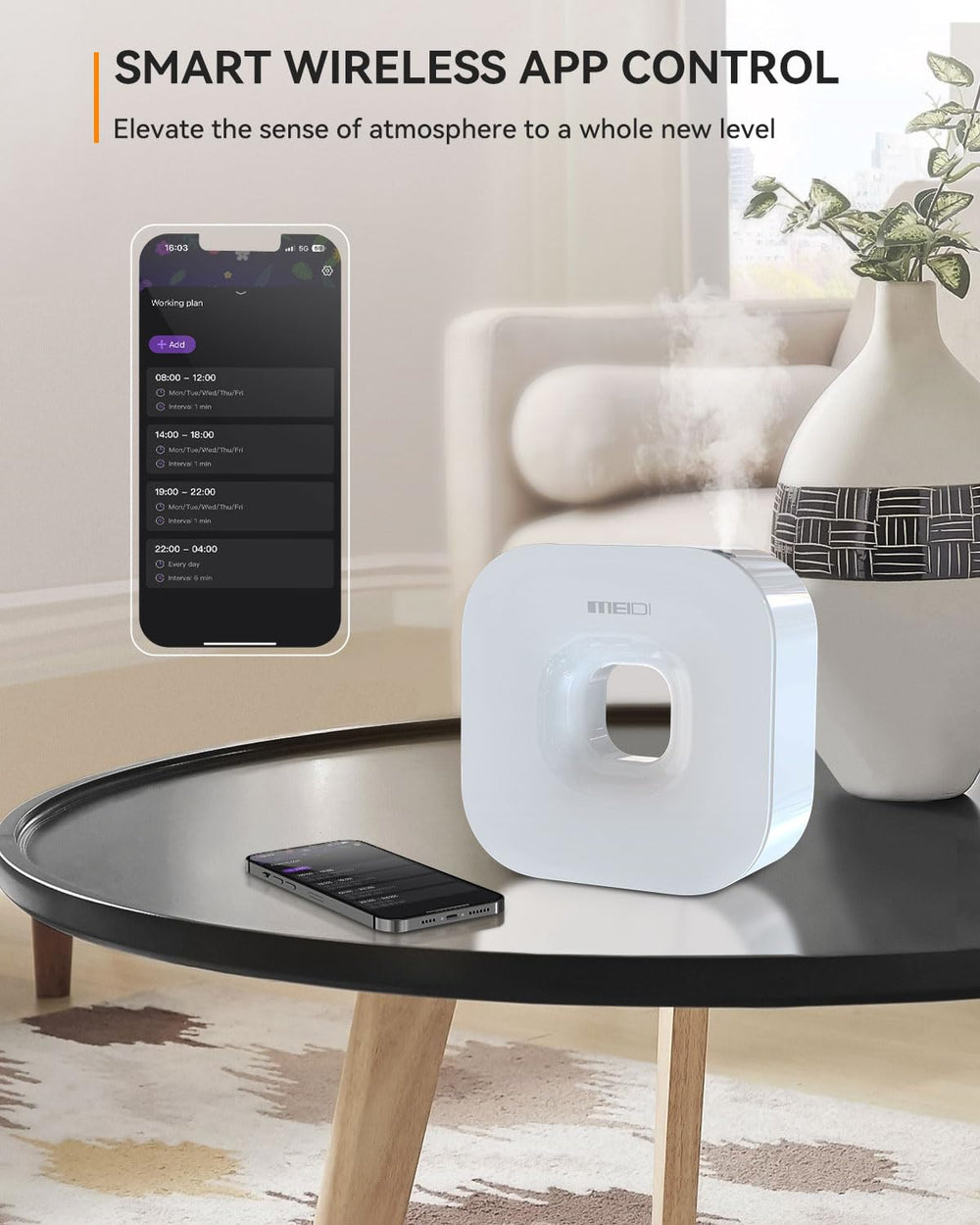 Meidi waterless diffuser timer settings highlight hands-free automation for consistent ambiance.