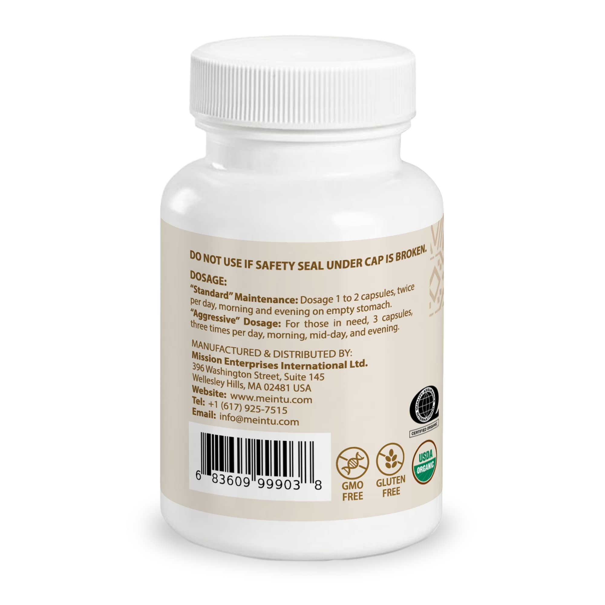 Close-up of Meintu Essiac capsules label on bottle