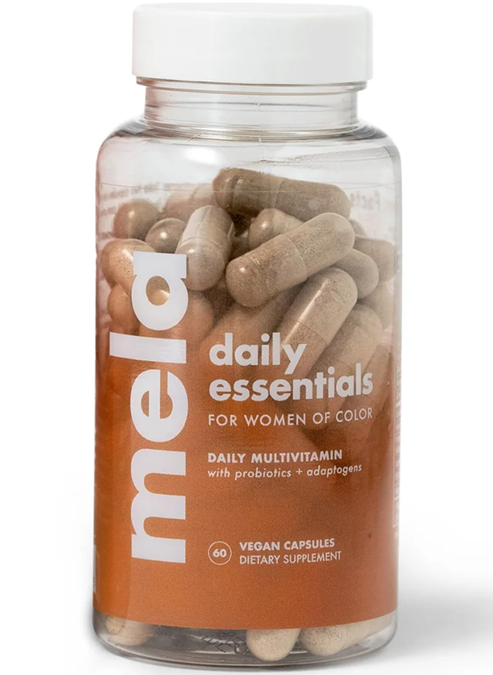 Mela Daily Essentials bottle with capsules supports energy and immune balance.