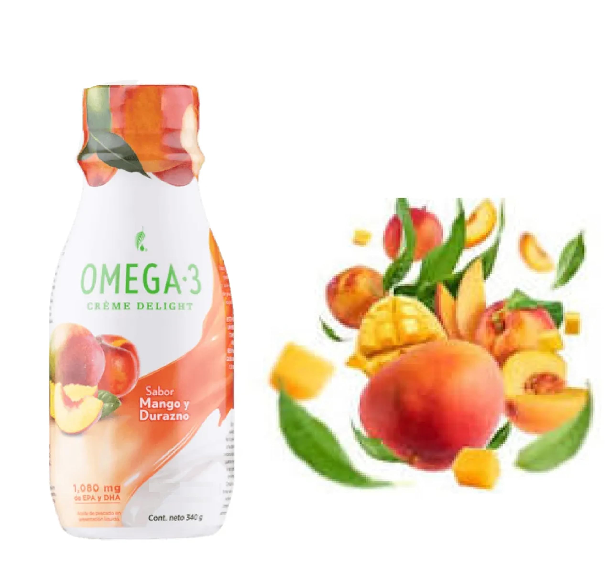 Melaleuca Omega 3 Creme Delight bottle with peach mango tango and 1,080 mg DHA/EPA per serving.