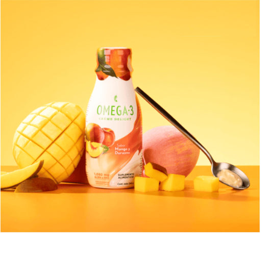 Melaleuca Omega 3 Creme Delight spoonful on yogurt, creamy taste and easy daily omega-3.