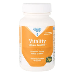 Melaleuca Vitality Calcium Complete bottle with tablets supports daily nutrient intake.