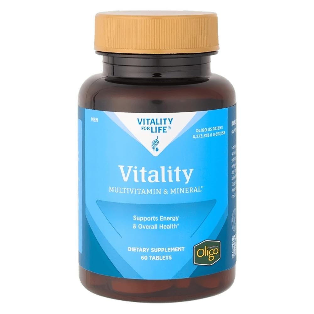 Melaleuca Vitality Men multivitamin bottle showing essential nutrients for daily energy support.