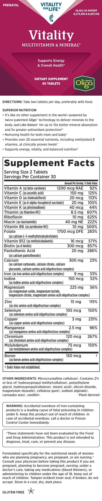 Melaleuca Vitality Prenatal tablets array on bottle label highlighting 60-count supply.