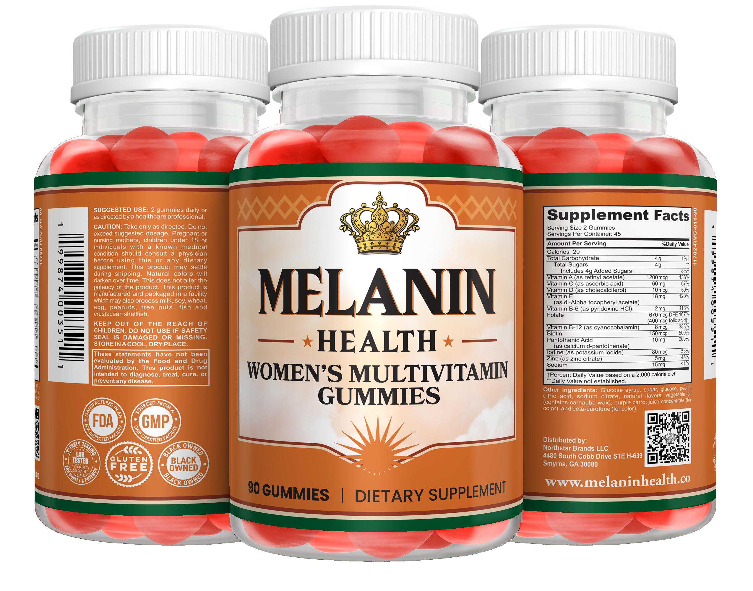 Melanin Health Womens Multivitamin Gummies on a table showing energy-boost benefits.