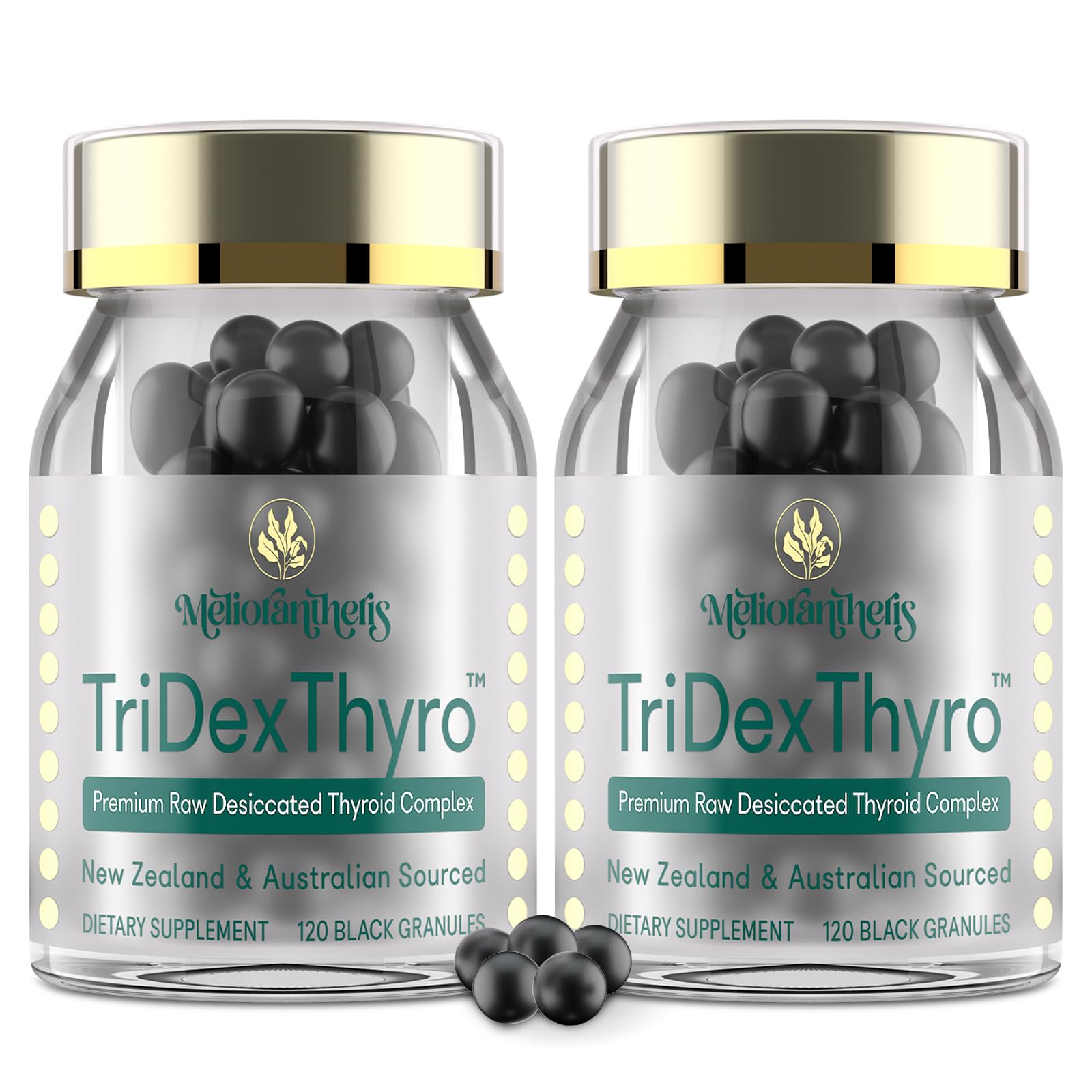 Meliorantheris TriDexThyro bottle highlighting premium raw thyroid blend for daily use.
